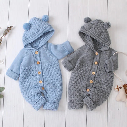 Baby Romper Bear Ear Knit Hooded Jumpsuit – Cozy, Stylish & Adorably Cute!