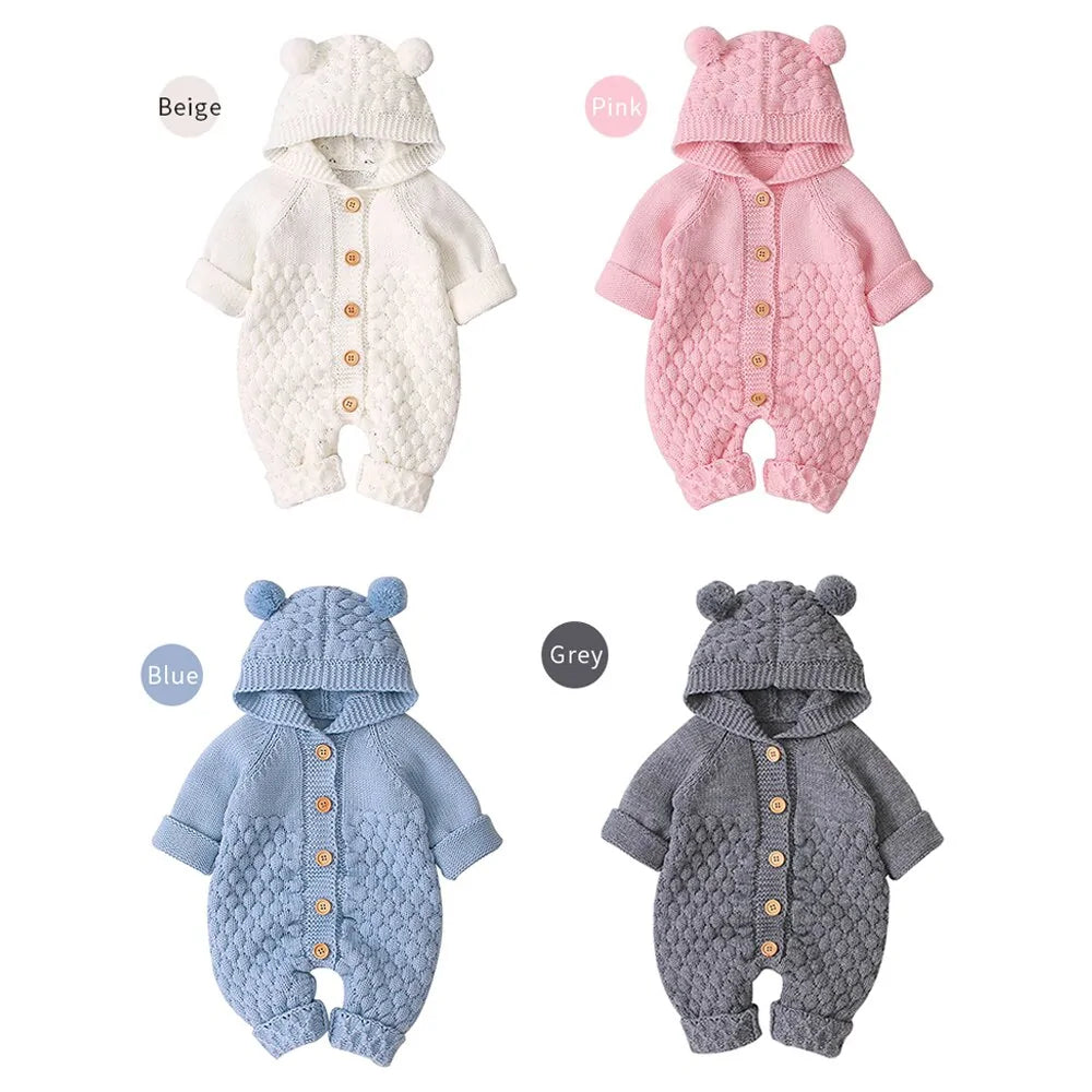 Baby Romper Bear Ear Knit Hooded Jumpsuit – Cozy, Stylish & Adorably Cute!