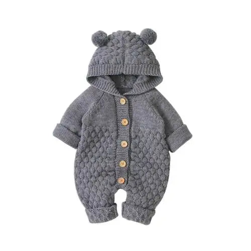 Baby Romper Bear Ear Knit Hooded Jumpsuit – Cozy, Stylish & Adorably Cute!